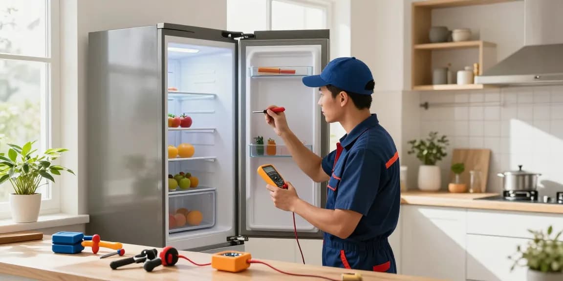 Appliance Repair Vaughan technician inspecting a refrigerator in a bright kitchen, ensuring efficient service.