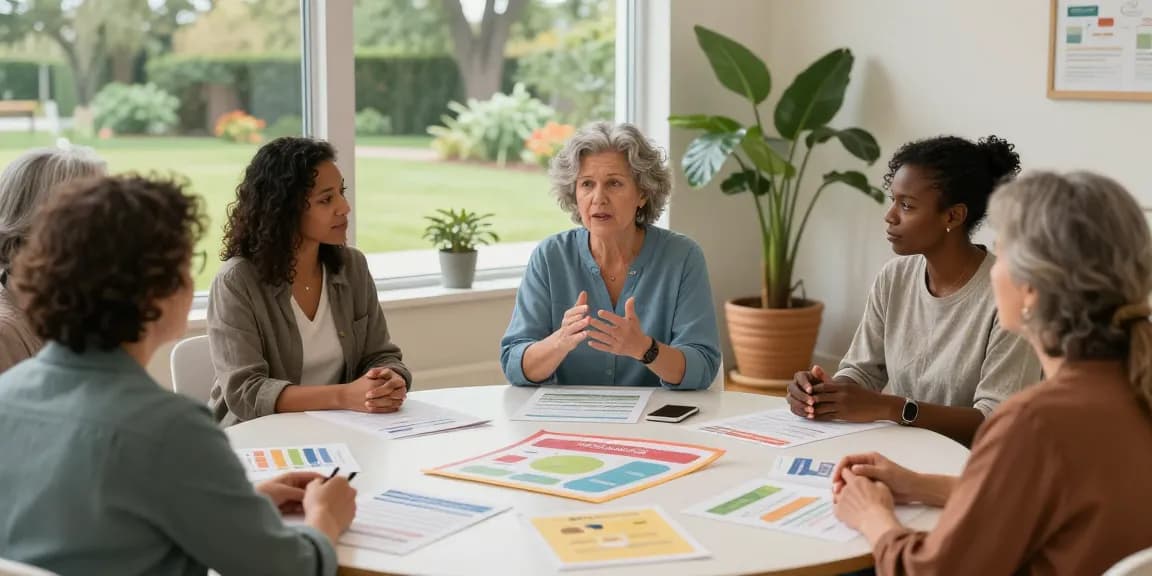 Cognitive impairments Norfolk support group discussing strategies in a serene therapy room.