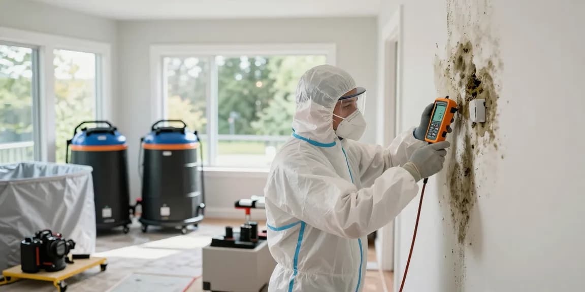 Mold remediation West Vancouver technician inspecting residential mold with HEPA equipment in light-filled home.
