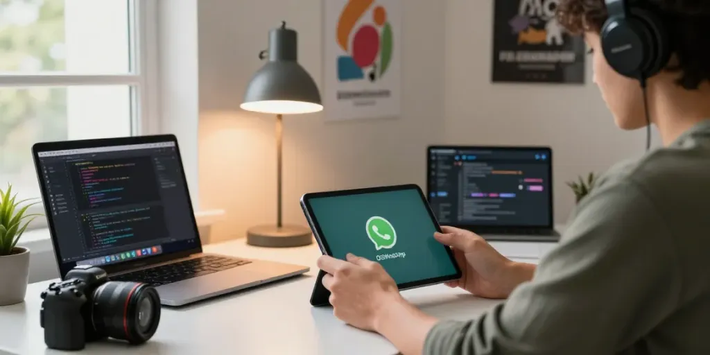 People engaging with OGWhatsApp on devices in a cozy home office.