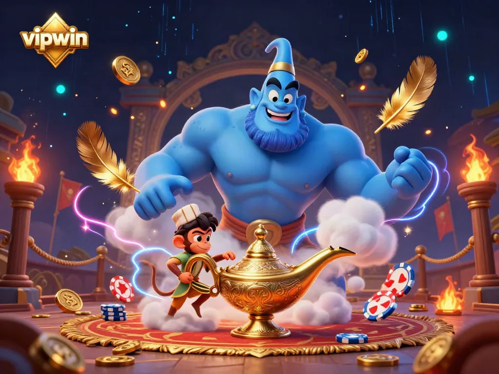 Experience thrilling casino action with vipwin's illustrated genie, monkey, and poker elements.