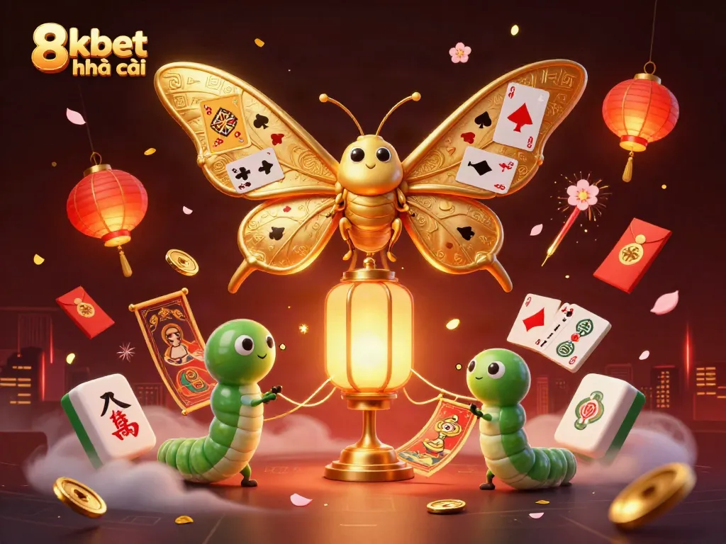 Engage with 8xbet nhà cái's thrilling atmosphere illuminated by a vibrant 3D cartoon moth and dynamic gaming elements.