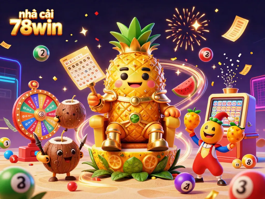 Engage in gambling excitement with nhà cái 78win's vibrant online casino illustration featuring a golden pineapple king.