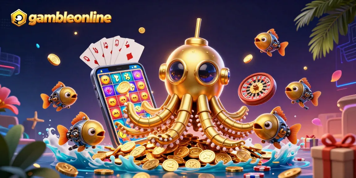 Engage with gambleonline's golden kraken submarine amidst a treasure of casino icons.