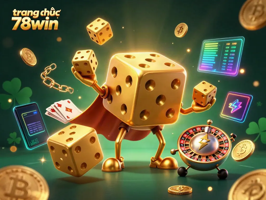 Engage in thrilling gaming with trang chủ 78win featuring lively 3D caricatures of golden dice and crypto elements.