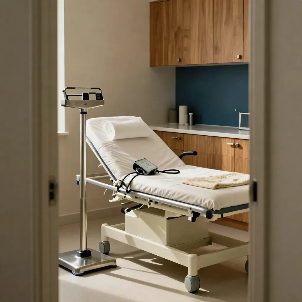 Empty family exam room with pediatric scale, cuff, paper-covered bed, and folded blanket.