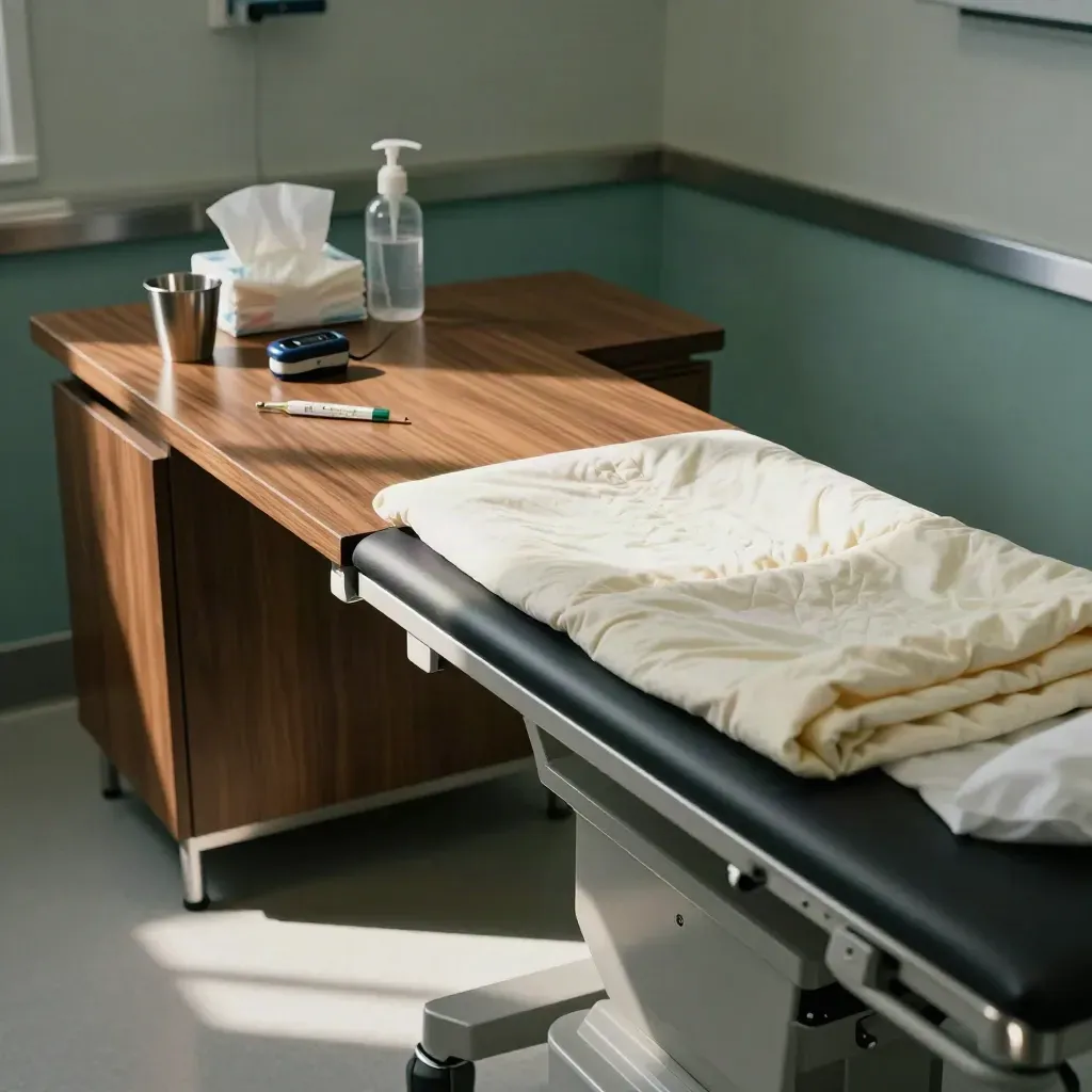 Urgent-care bay with thermometer, pulse oximeter, tissues, saline, and a warmed blanket on the exam table.