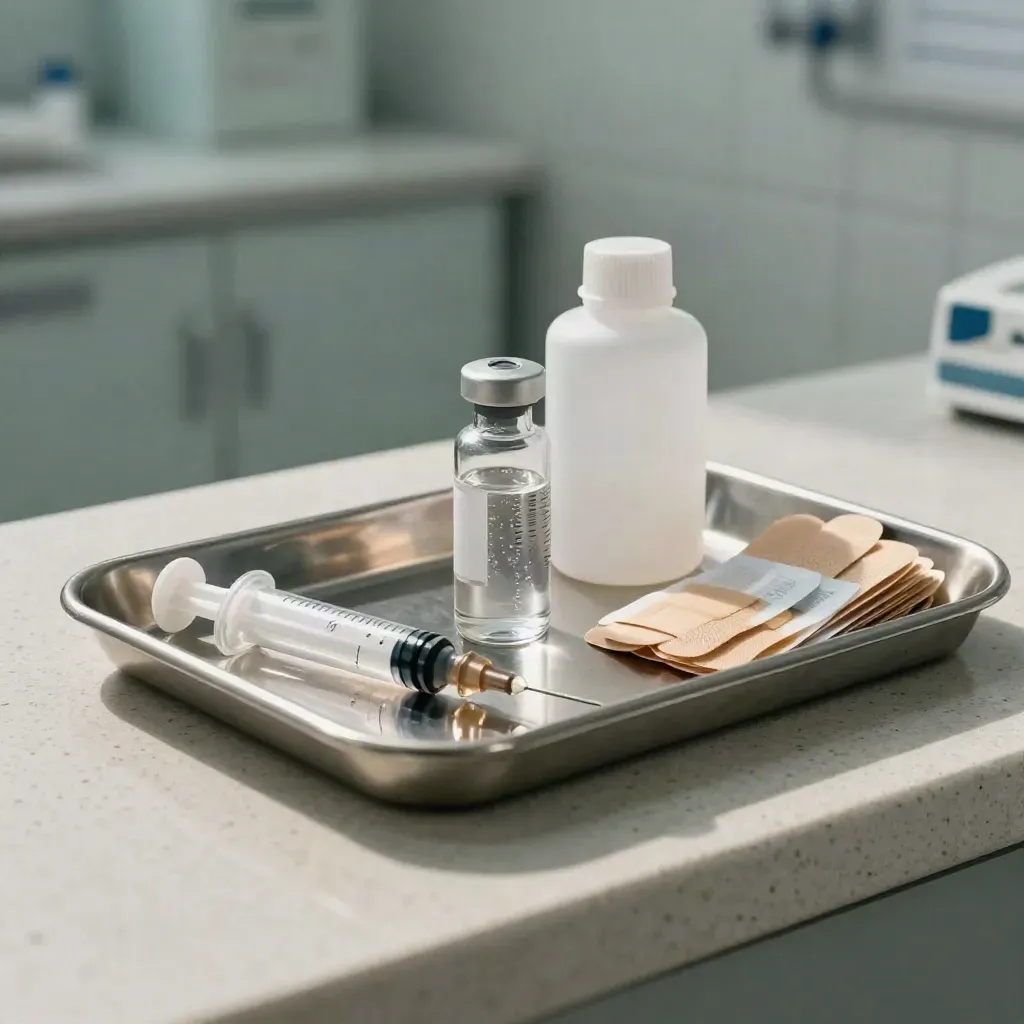 Vaccination prep tray with vial, syringes, swabs, bandages, and sharps container on travertine.