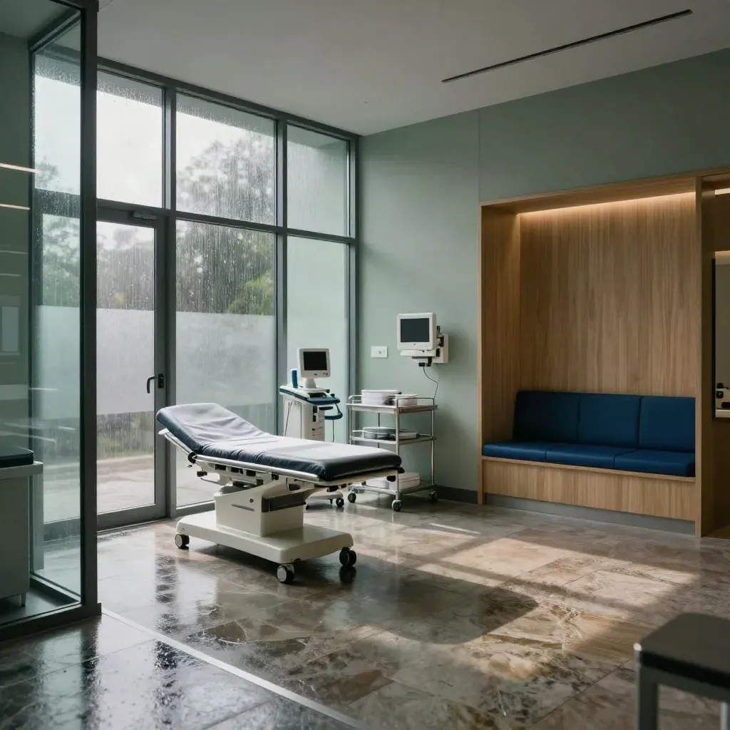 Moody clinic interior with wet stone, frosted glass, and medical equipment at dawn.