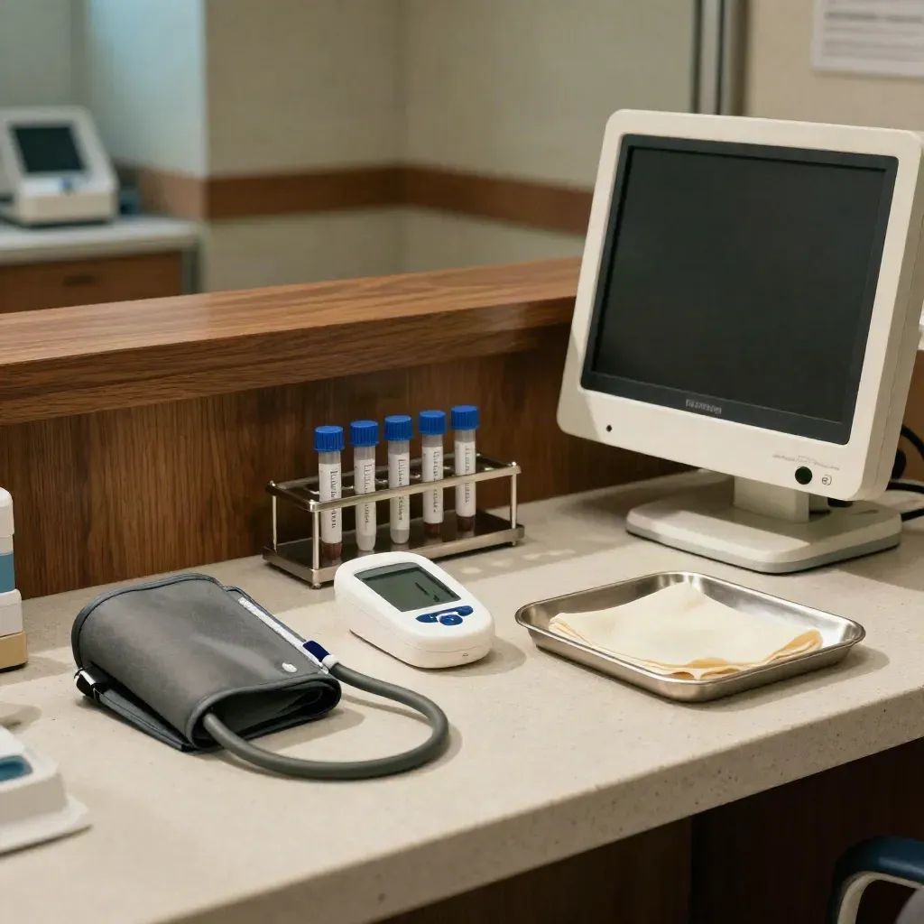 Clinic screening station with cuff, glucometer, sample tubes and angled monitor on stone.
