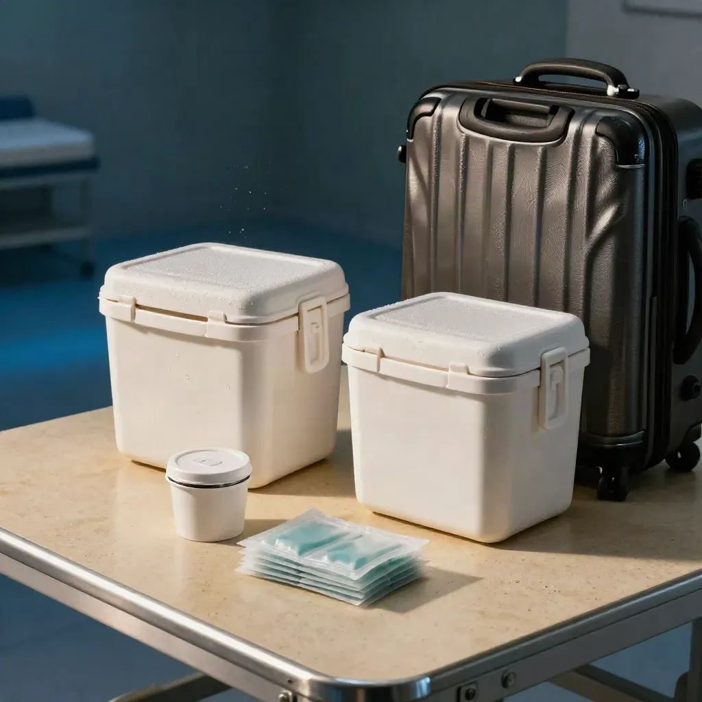 Travel vaccine prep table with coolers, sharps bin, cooling packs and a carry-on suitcase
