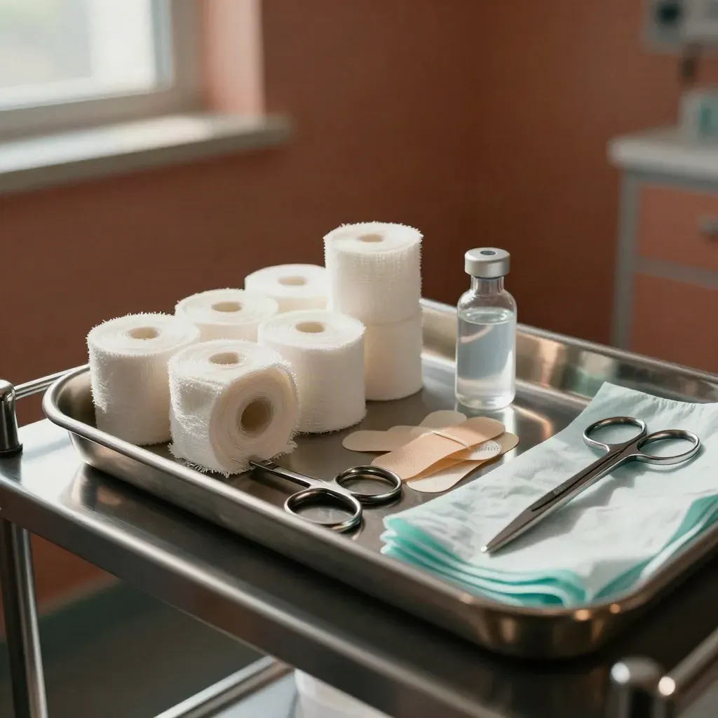 Macro of a sterile minor-procedure tray with scissors, gauze, saline, strips and forceps in soft clinic light