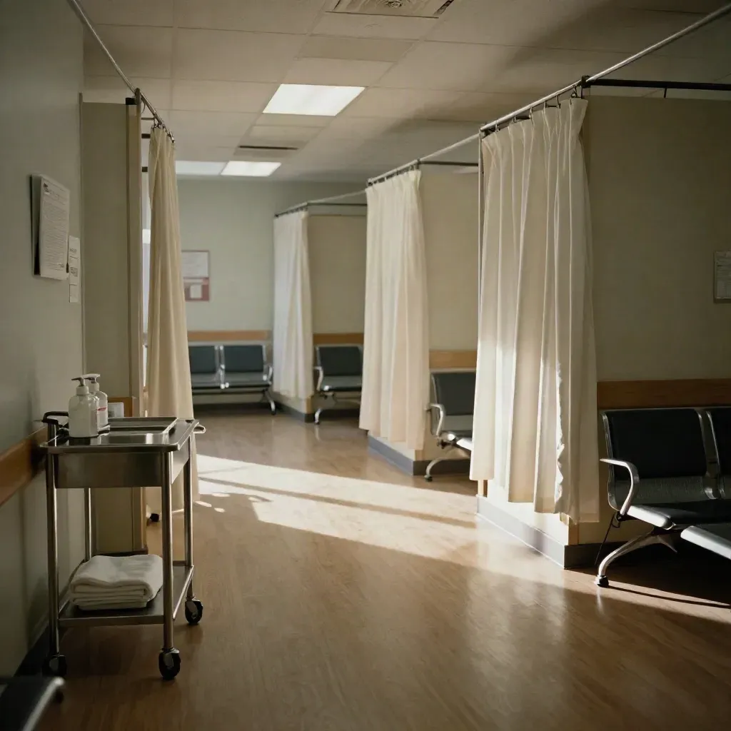 Empty clinic corridor with four open exam bays, chairs, and an intake cart in warm light.