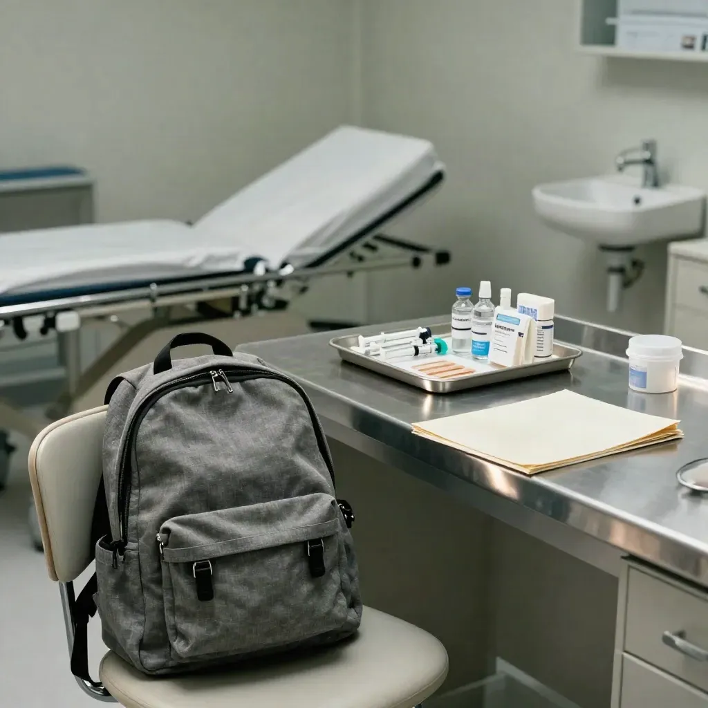 Empty pediatric exam room with a backpack, sealed folder, and vaccination supplies ready for school.