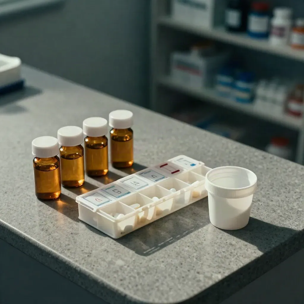 Top-down pill organizer, refill bottles and pill cup on a stone clinic counter.