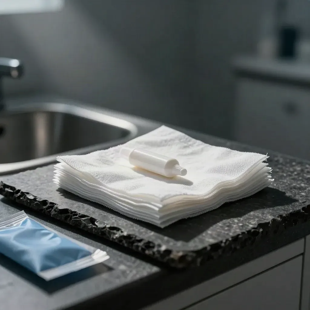 Gauze, ointment and a folded blue wrap on a dark clinic ledge under dramatic light.