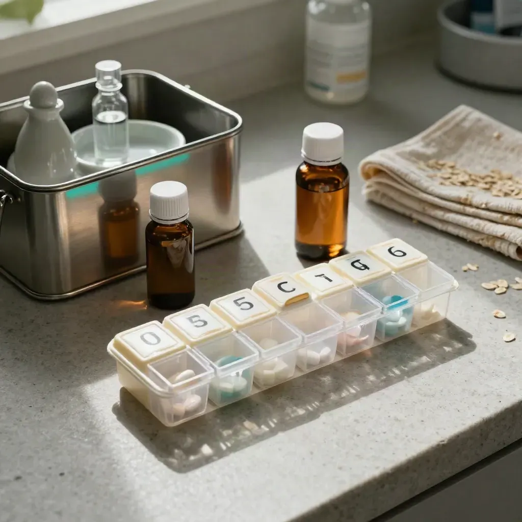 Pill organizer, amber refill bottles, and medicine caddy on a stone counter, top-down still life.