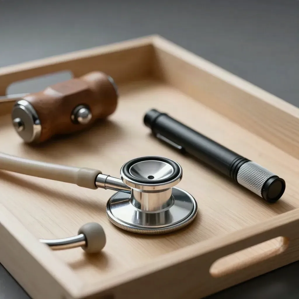 Macro still life of a stethoscope, reflex hammer, penlight, and otoscope on a maple exam tray.