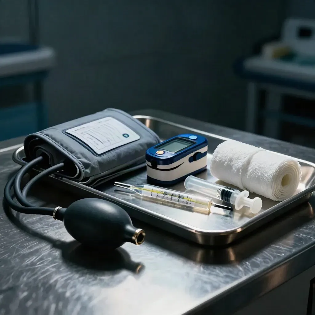 Medical tools on stainless steel: blood-pressure cuff bulb, oximeter, thermometer, syringe caps, gauze rolls.
