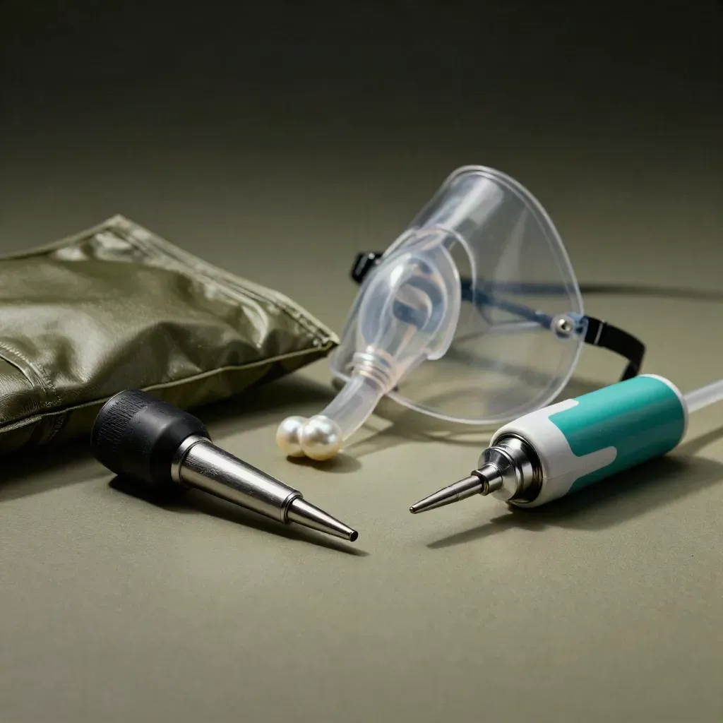 Macro of otoscope tips, throat depressors, mask, and a diagnostic light on khaki surface.