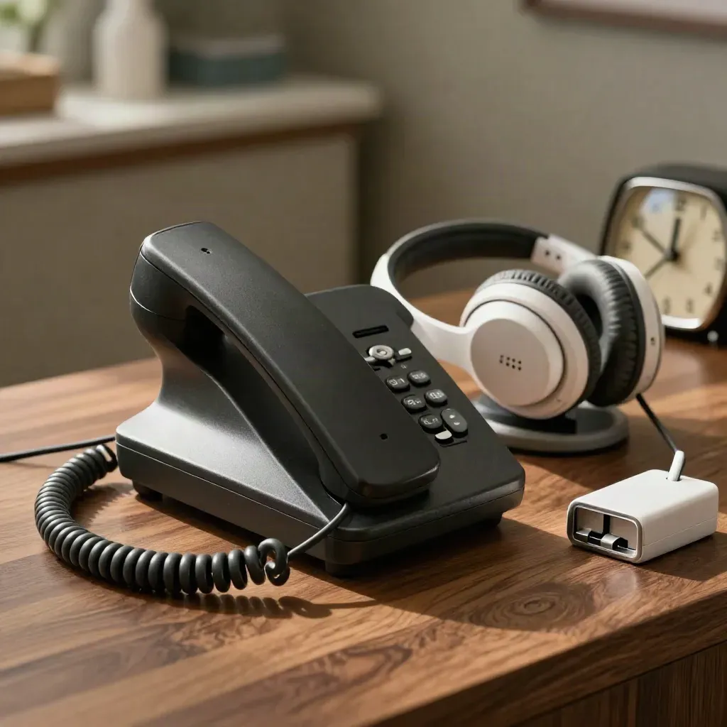 Overhead still life of a desk phone, headset, charger, and timer on a walnut counter.