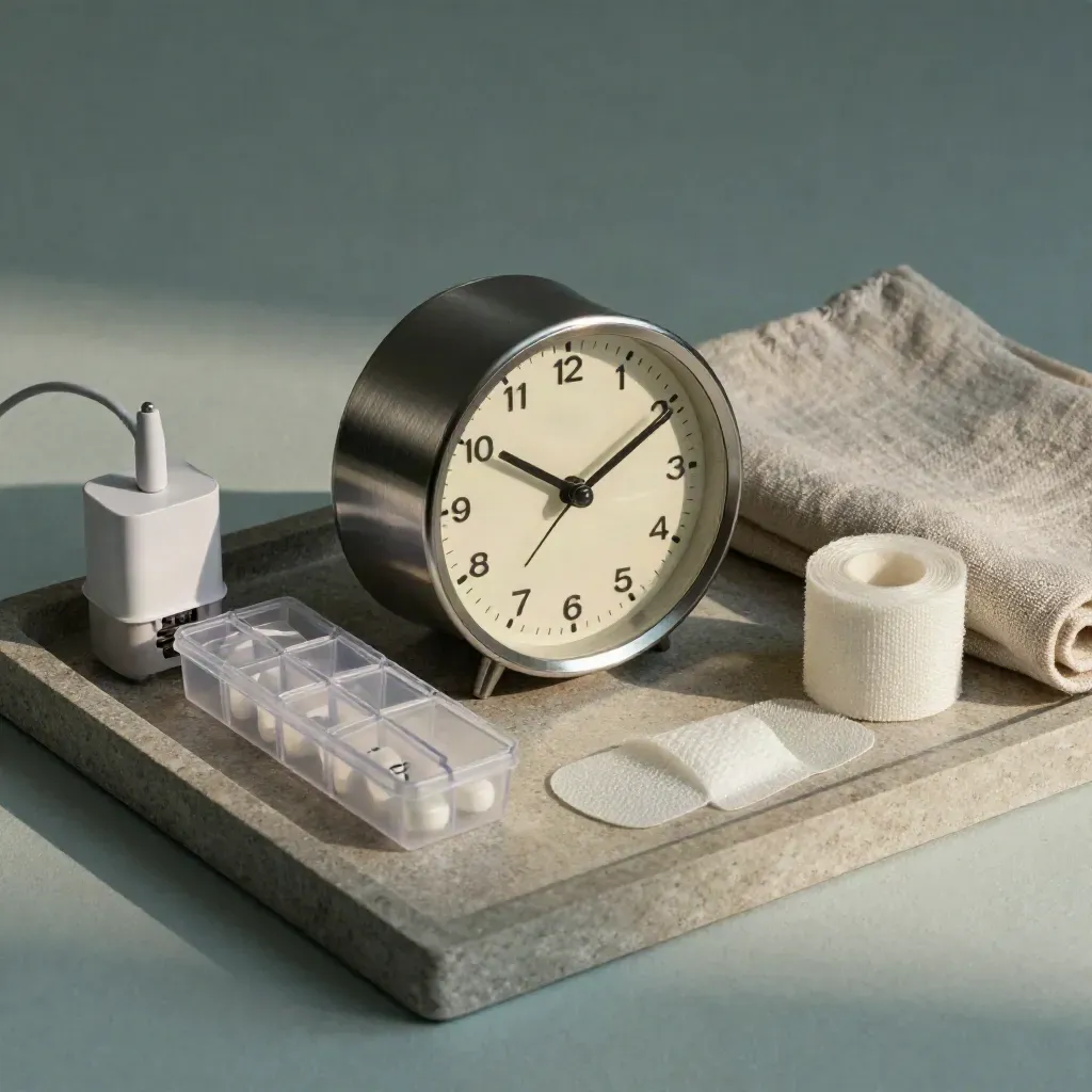 Tray still life with clock, pill organizer, charger and bandage roll on stone surface.