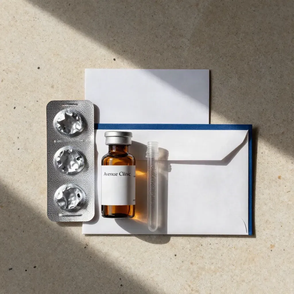 Overhead clinic flatlay of a blister pack, refill bottle, lab tube, and envelope on stone.