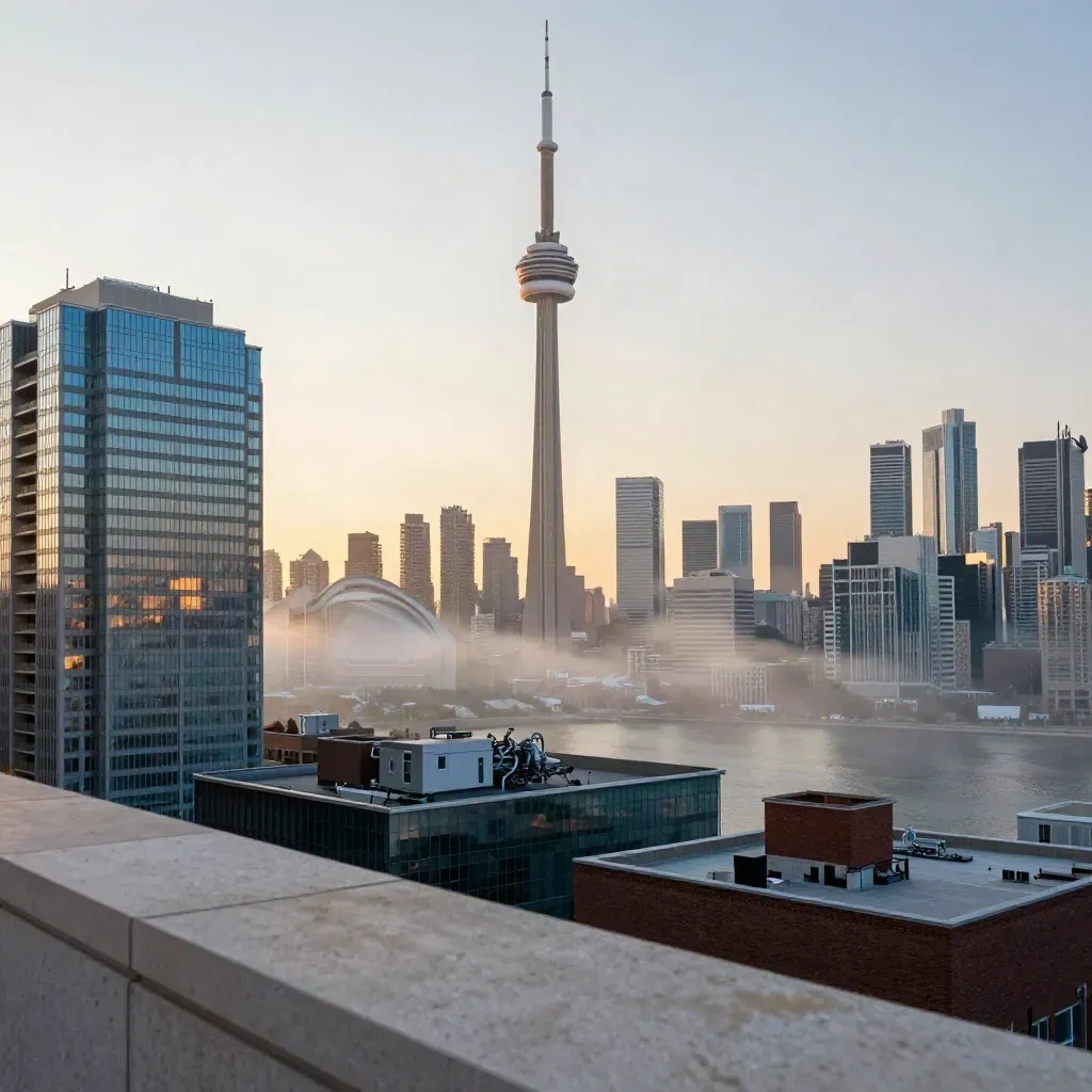 CN Tower above Toronto skyline in warm sunrise haze, wide elevated view with calm lower space