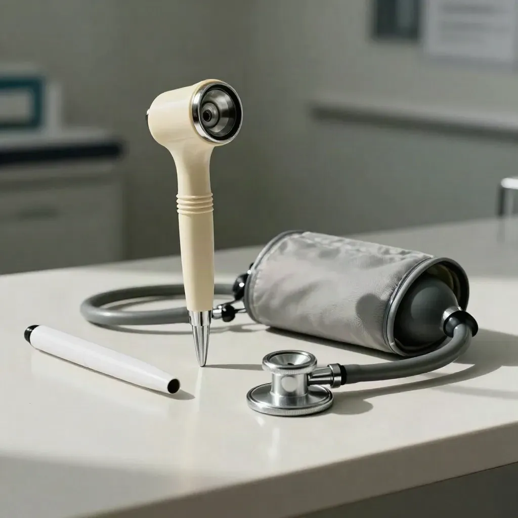 Otoscope and clinic instruments beside an exam-light base on a pale plaster counter