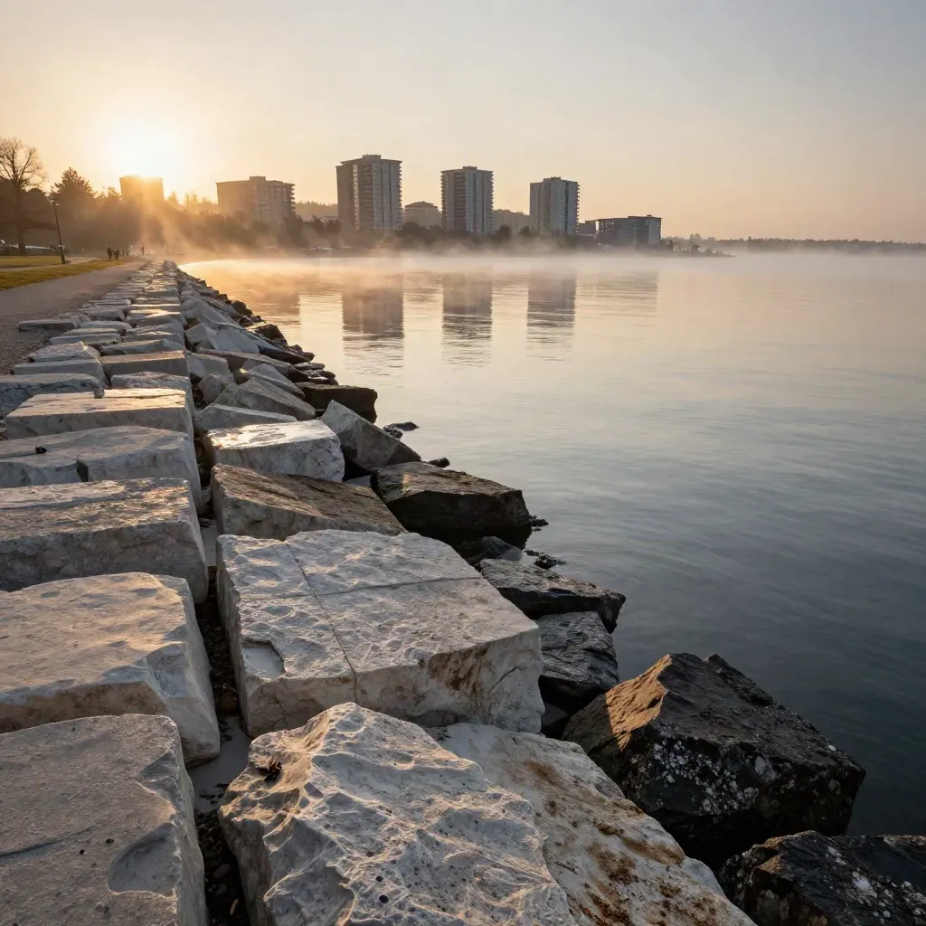 Humber Bay skyline above a misty Etobicoke shoreline and pale breakwater at sunset.