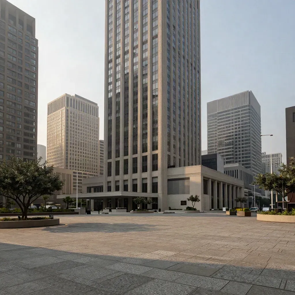 Hazy North York skyline above a quiet stone plaza at late afternoon.