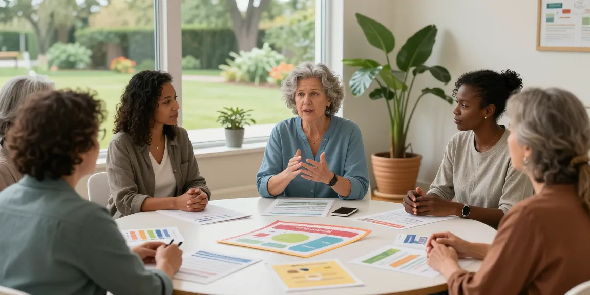 Cognitive impairments Norfolk support group discussing strategies in a serene therapy room.