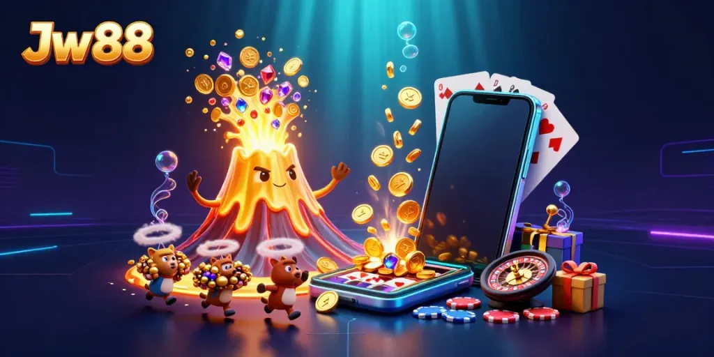 Experience the excitement of Jw 88 with a vibrant eruption of coins and treasures in a 3D casino scene.