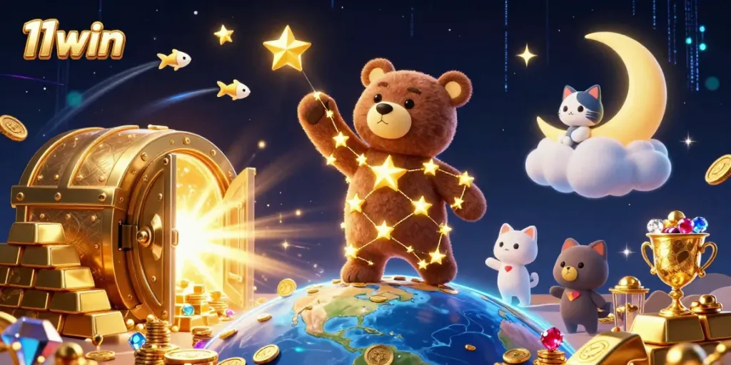 Experience the magic of 11win with a golden constellation bear among treasures and shooting stars.