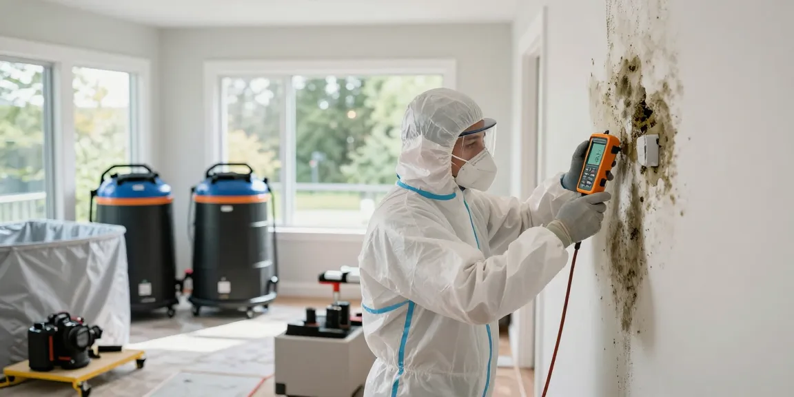 Mold remediation West Vancouver technician inspecting residential mold with HEPA equipment in light-filled home.