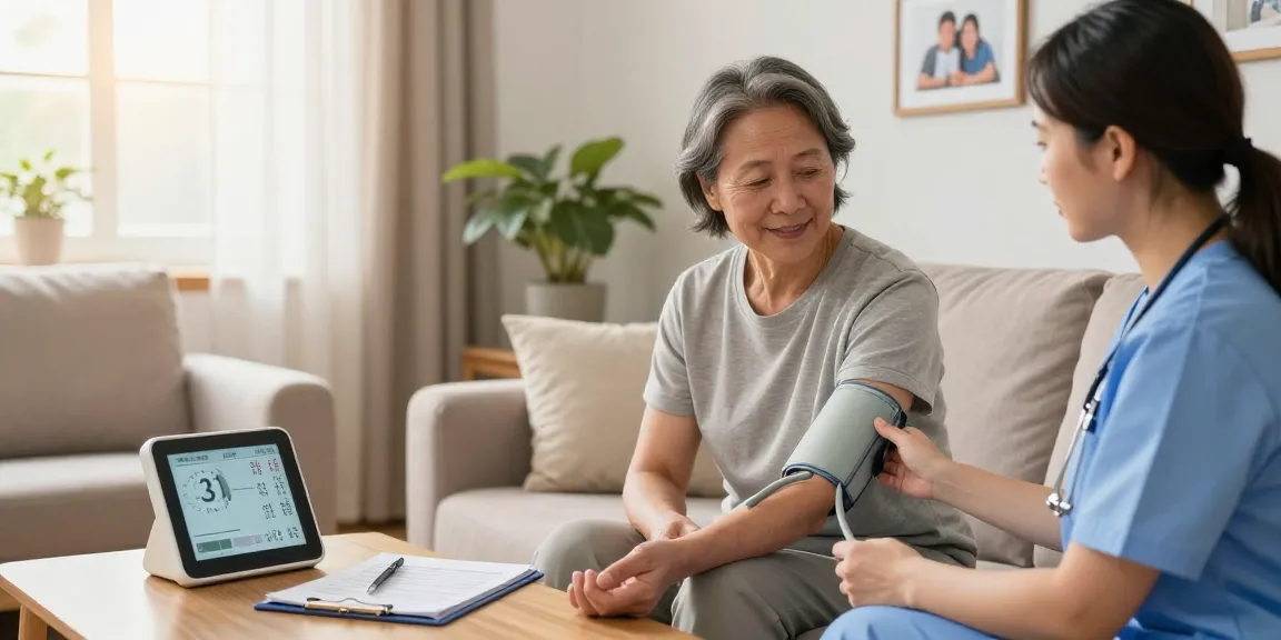 Healthcare professional using blood pressure cuffs to measure a patient's readings at home during a sunny afternoon.